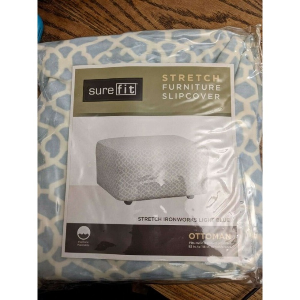 Sure Fit Stretch Ironworks Fretwork Ottoman Slipcover Light Blue 1 Piece NEW